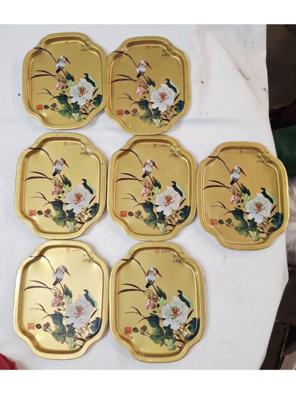 Set Of 7 Vintage Japanese Gold Metal Trays With Bird & Flower Design Decorative